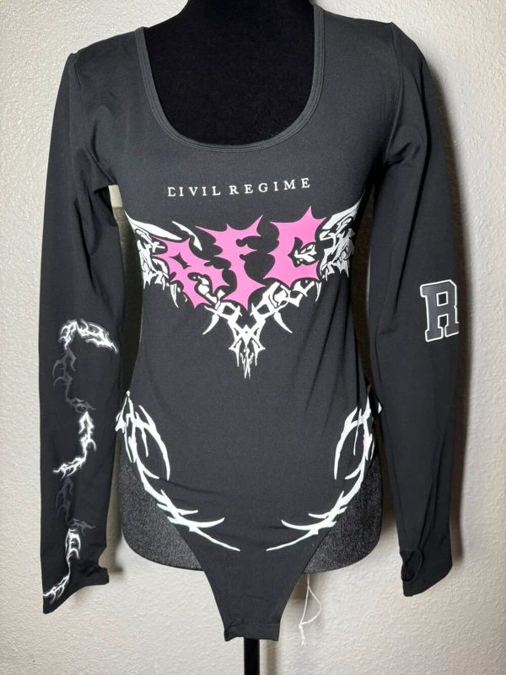 Civil Regime Graphic Long Sleeve Bodysuit Women's Size M Black Pink Gothic Y2K